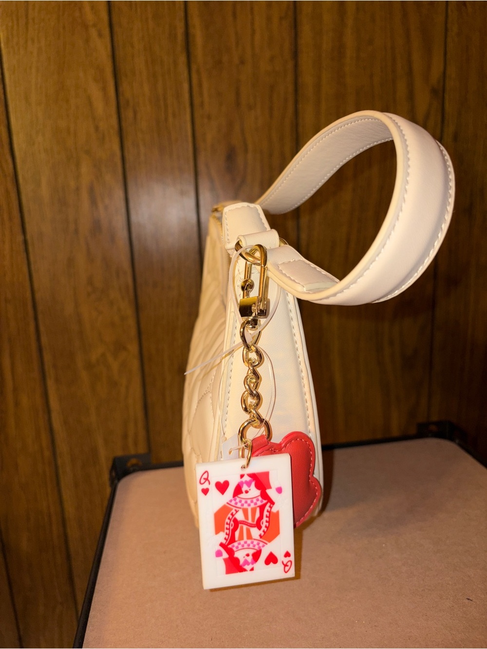 Betsey Johnson Ivory Heart Quilted Shoulder Bag with Gold Chain Accent & Charms - Picture 3 of 5
